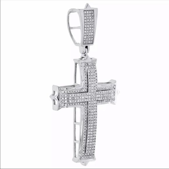 Real 14K Solid White Gold Natural Diamond Cross